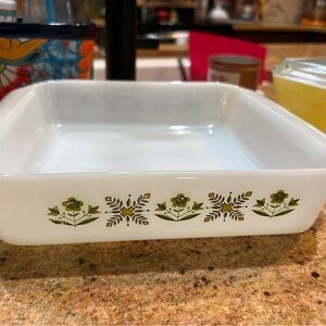Vintage Fire King Meadow Green Anchor Hocking White Baking Dish